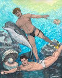 Original Print Gay Male Man Fantasy Nude Art Painting Dolphin - Etsy Finland