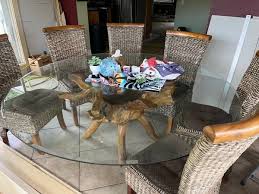 Teak Stump Glass Top Dining Room Table