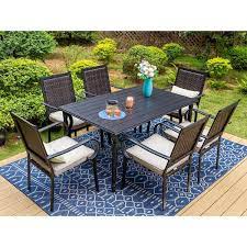Phi Villa Black 7 Piece Metal Patio Outdoor Dining Set With Slat Table And Rattan Arm Chairs With Beige Cushion