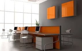 The office furniture, cairo, egypt. Impressive Office Desk Design With Grey Wall Color And Orange Cabinets And Fresh Plant Decor And Nice Chairs Model And Large Windows And Lo Dubai Interiors
