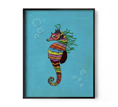 Seahorse Print Sea Life Art Bathroom