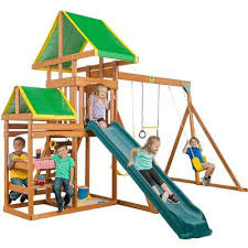 Wooden Swing Set With Rock Wall