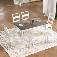 retro style 6 piece white frame brown tabletop and beige cushion wood dining set with 4 upholstered chairs and bench