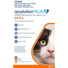 Revolution (selamectin) is indicated for the prevention and control of flea infestations, prevention of heartworm disease, and the treatment and control of ear mite infestations. Revolution For Cats 2 6 7 5 Kg 6 17 Lbs 6 Month Pack Mega Pet Supplies