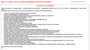 Quality Control Analyst Job Experience Letter