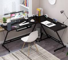 Weehom modern corner computer desk l shaped desk with shelves reversible desktop home. Double Computer Desk Deluxe Corner Workstation Black