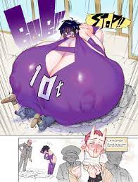 horie ryuu, 10-ton, boku no hero academia, absurdres, highres, 1boy, 1girl,  apologizing, breast attack, breast expansion, breast smother, breasts,  cleavage, comic, covered erect nipples, crater, crushing, english text,  face to breasts, gigantic