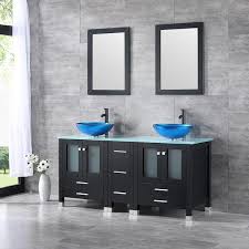 W 60 Inch Black Round Double Vessel Sink Vanity Cabinet Tempered Glass Top W Mirror Size 24 4 Blue