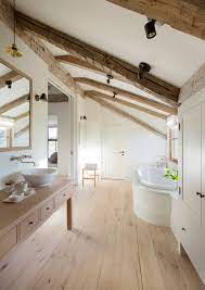 master bathroom with rustic wood beams