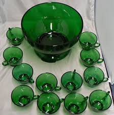 Forest Green Glass Punch Bowl With
