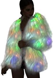 Amazon Com Led Fur Coat For Women Rainbow Sparkly Light Up Jacket White Furry Rave Costume Clothing