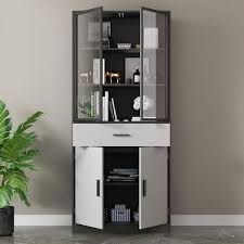 Glass Doors Gray Wood Storage Cabinet