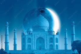 taj mahal with crescent moon at night