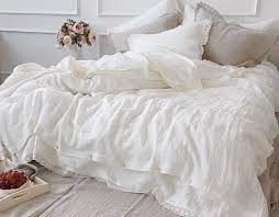 Linen Lace Bedding Set In Off White