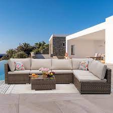 Cesicia 6 Pieces Wicker Outdoor Sectional Sofa Hand Woven Wicker Patio Conversation Set With Washable Khaki Cushions