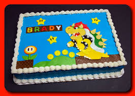 Some great cakes made for the boys, lots of inspiration for great ideas taken from sport, novelty, cars, films, tv characters and much more! Bowser Sheet Cake Super Mario Birthday Super Mario Birthday Party Mario Birthday Party