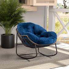 Sudzendf Brown Metal Outdoor Rocking Chair Padded Cushion Rocker Recliner Chair With Navy Blue Cushions