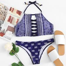 Romwe Womens Lace Up Tribal Print Swimwear Criss Cross Bikini Set