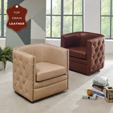 27 w arm chair button tufted top grain leather barrel back exposed nail heads. Leslie Top Grain Leather Swivel Tufted Chair