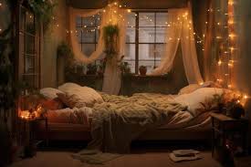 a bed surrounded by fairy lights in a