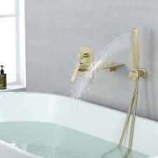 Wellfor Single Handle Waterfall Spout Tub Wall Mount Roman Tub Faucet With Hand Shower In Brushed Gold