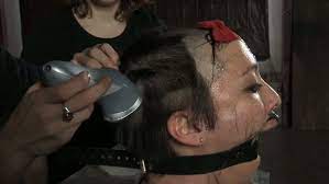 Skanky short haired whore gets her hair totally shaved in BDSM sex clip
