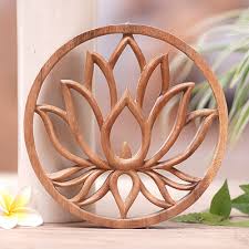 Brown Suar Wood Lotus Relief Panel Hand