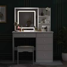 fufu a 5 drawers white wood led push pull mirror makeup vanity sets dressing table sets with stool and 3 tier storage shelves