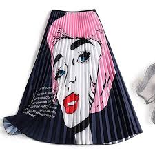 Beforw Women New Print High Waist Skirt Summer Midi Skirts Womens Casual Elastic Waist Fashion Beauty Cartoon Pleated Skirt