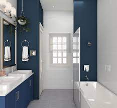 naval blue and white tile finish bathroom