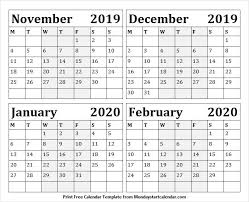 November 2019 To February 2020 Calendar Excel Editable