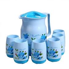 blue 6 glass plastic water jug set for