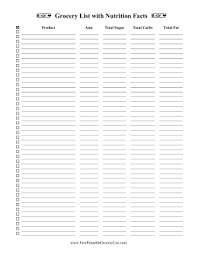 Printable Blank Grocery List Nutrition Facts