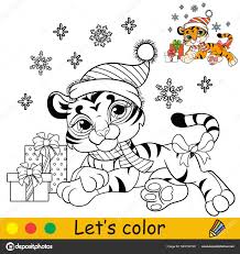 coloring page cute tiger cub christmas