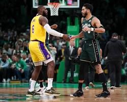 Image of LeBron James and Jayson Tatum facing off during a Lakers vs. Celtics game