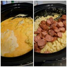 slow cooker mac and cheese with cheddar smoked sausage