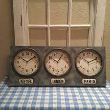 Vtg 3 Time Zones Galvanized Metal Clock