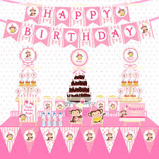 Us 9 67 12 Off Children Baby Shower Pink Cartoon Monkey Birthday Party Bunting Happy Birthday Banner Decorative Garland Dessert Table Supplies In