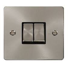Click Brushed Steel Flat Plate Double Light Switch With Black Insert Switches And Sockets Uk Electrical Supplies
