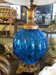 Vintage Blue Glass Lamp With Brass Base