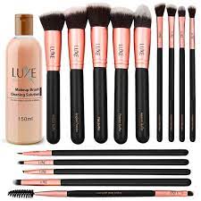 luxe premium makeup brushes set with brush cleaning solution 14 pc face and eye synthetic brushes for foundation powder blush and eyeshadow