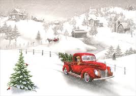 Capturing the special joy of yesteryear, these car, tractor, and train christmas cards are sure to create warm memories for all who receive them! Red Pickup Truck And Snow Covered Road And Hillside Box Of 18 Christmas Cards By Lpg Greetings