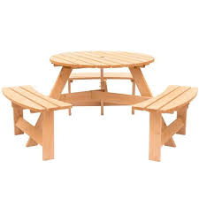 round wooden outdoor picnic table