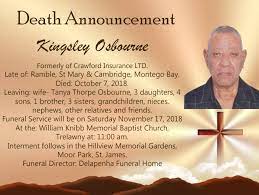 The date and time of the memorial service or funeral. Death Announcement Kingsley Delapenha Funeral Home Facebook