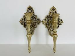 Vtg Mcm Gold Metal Candle Wall Sconces