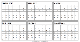 6 Month Calendar March To August 2019 Blank 6 Month Calendar