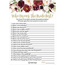 Have them write down how many of the twenty questions they think she will get right. Amazon Com 25 Cute Flowers How Well Do You Know The Bride Bridal Wedding Shower Or Bachelorette Party Game Floral Who Knows The Best Does The Groom Couples Guessing Question Set Of Cards
