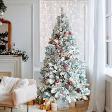 veikous 6 5 ft pre lit christmas tree artificial flocked with warm white lights white