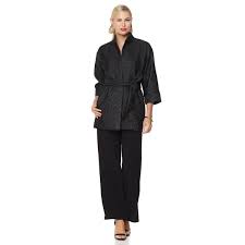 Natori Size L Quilted Open Topper Belt Mandan Collar Kimono Jacket Black