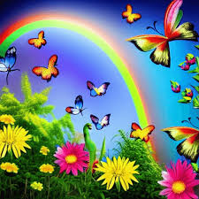 Beautiful Garden Rainbow With Birds And